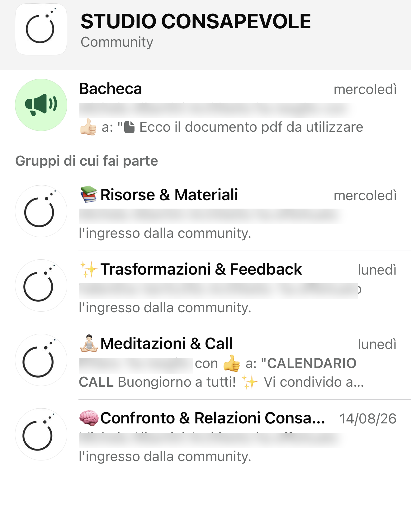 Screenshot della community Studio Consapevole su WhatsApp